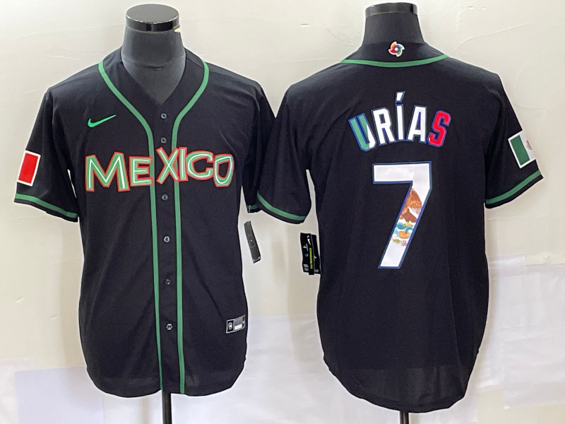 Men's Mexico Baseball #7 Julio Urías 2023 Black World Baseball With Patch Classic Stitched Jersey